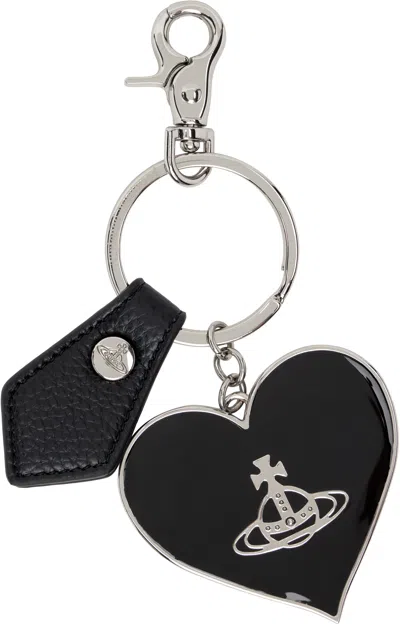 Vivienne Westwood Black & Silver Mirror Heart Orb Keychain In Aw24-black