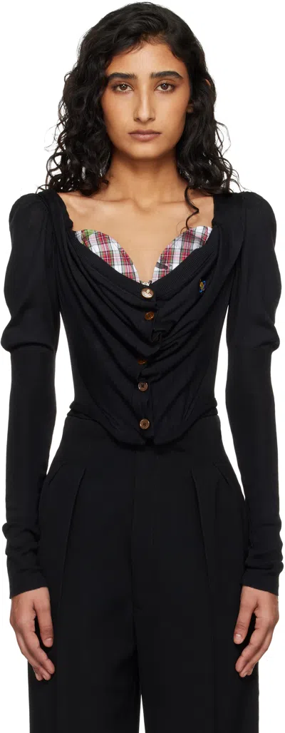 Vivienne Westwood Bea Checked Cotton-trimmed Embroidered Wool And Silk-blend Cardigan In Black