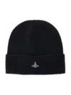 Vivienne Westwood Black Beanie With Orb Patch On The Front And Ribbed Brim In Cashmere Unisex In Blue