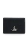 Vivienne Westwood Black Bi-fold Card Holder With Orb Detail On The Front In Grained Ecoleather Woman In Black