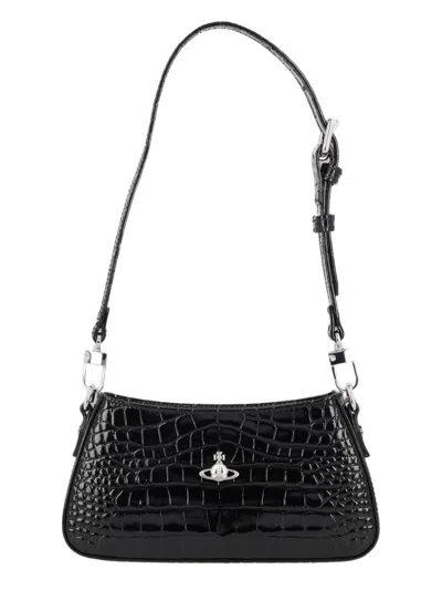 Vivienne Westwood Black Calf Leather Crocodile Embossed Shoulder Bag