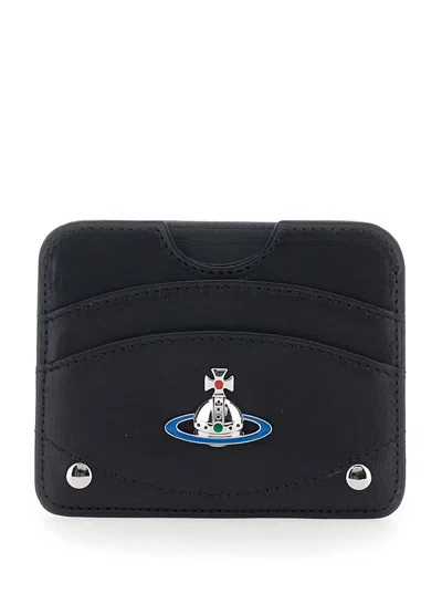 Vivienne Westwood Black Card Holder With Orb Detail On The Front And Stud Embellishments On The Front In Leather Woman