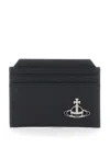 Vivienne Westwood Black Card Holder With Orb Detail On The Front In Grained Leather Woman In Black