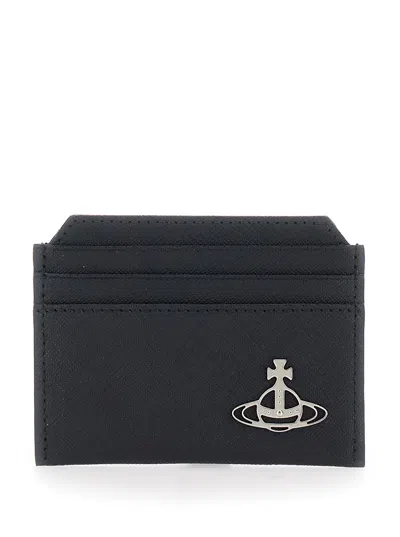 Vivienne Westwood Black Card Holder With Orb Detail On The Front In Grained Leather Woman