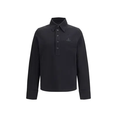 Vivienne Westwood Black Long-sleeved Polo Shirt With Tone-on-tone Logo On The Front In Cotton Man