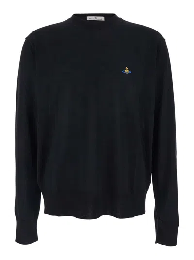 VIVIENNE WESTWOOD BLACK CREW NECKSWEATER WITH ORB LOGO EMBROIDERED ON THE FRONT IN WOOL BLEND MAN