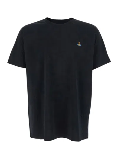 Vivienne Westwood Black Crewneck T-shirt With Orb Embroidery On The Front In Cotton Man