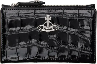 Vivienne Westwood Black Crocodile Slim Flap Card Holder In Ss25-n401