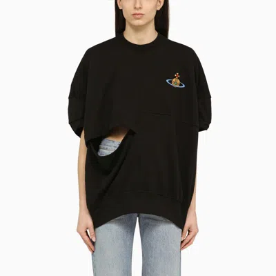 VIVIENNE WESTWOOD BLACK CUT-OUT OVERSHIRT WITH SHORT SLEEVES AND EMBROIDERED LOGO