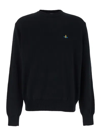 Vivienne Westwood Crewneck Sweater With Embroidered Emblem And Ribbed Details In Black
