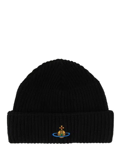 Vivienne Westwood Black Logo Beanie Hat In Red