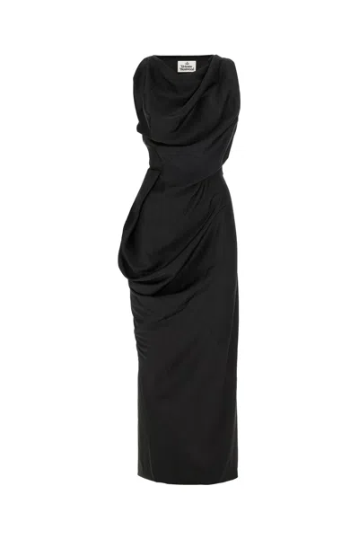 Vivienne Westwood Floor-length Satin Draped Dress With Side Slit In Black