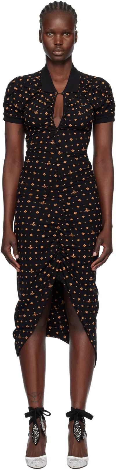 VIVIENNE WESTWOOD BLACK PRINTED PIQUET PULLING MIDI DRESS