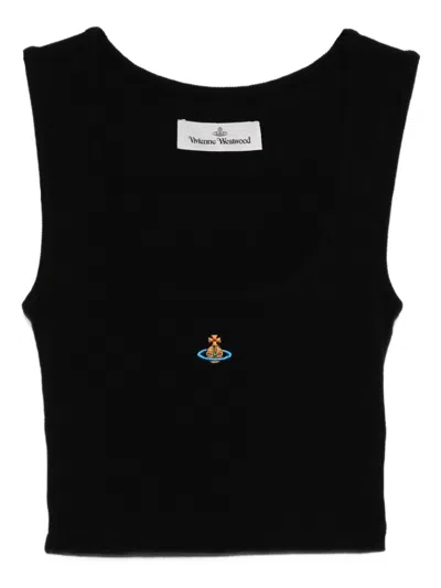 Vivienne Westwood Black Ribbed Scoop Neck Orb Top