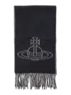 Vivienne Westwood Black Scarf With Fringed Hem And Orb Embroidery On The Front In Wool Unisex In Black