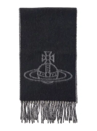 Vivienne Westwood Black Scarf With Fringed Hem And Orb Embroidery On The Front In Wool Unisex
