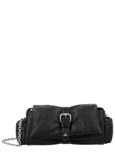 Vivienne Westwood Black Silver Buckle Gathered Calf Leather Clutch