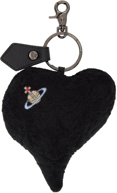 Vivienne Westwood Black Towelling Plush Heart Keychain In N401 Black
