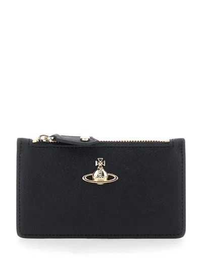 Vivienne Westwood Black Wallet With Orb Detail On The Front And Top Zip Closure In Ecoleather Woman
