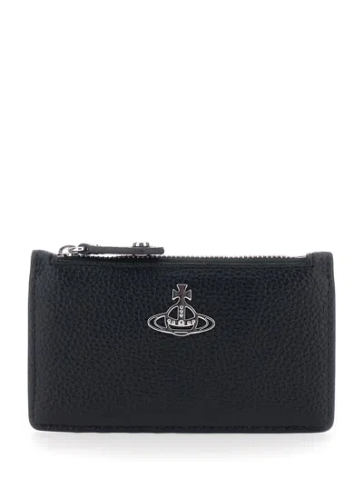 Vivienne Westwood Black Wallet With Orb Detail On The Front And Top Zip Closure In Ecoleather Woman