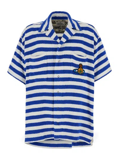 VIVIENNE WESTWOOD BLUE AND WHITE STRIPED BOWLING SHIRT WITH ORB EMBROIDERY IN COTTON BLEND MAN