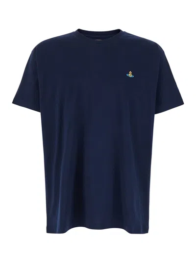 VIVIENNE WESTWOOD BLUE CREWNECK T-SHIRT WITH ORB DETAIL IN COTTON MAN