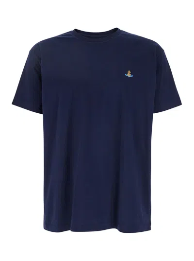 VIVIENNE WESTWOOD BLUE CREWNECK T-SHIRT WITH ORB LOGO DETAIL ON THE FRONT IN COTTON WOMAN