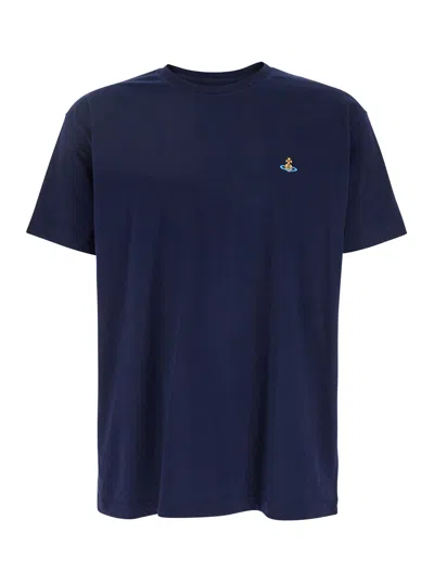 Vivienne Westwood Blue Crewneck T-shirt With Orb Logo Detail On The Front In Cotton Woman In Multicolor