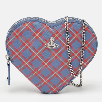 Pre-owned Vivienne Westwood Blue/red Check Printed Saffiano Heart Zip Crossbody Bag In Multi
