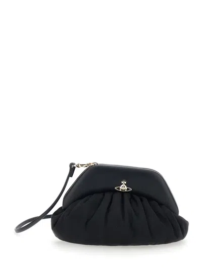 Vivienne Westwood Brooke Black Clutch With Adjustable And Removable Shoulder Strap And Orb Plaque On The Front In Leat