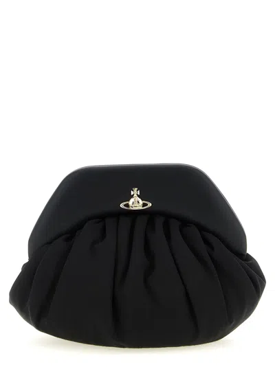 Vivienne Westwood Brooke Black Clutch With Adjustable And Removable Shoulder Strap And Orb Plaque On The Front In Leat
