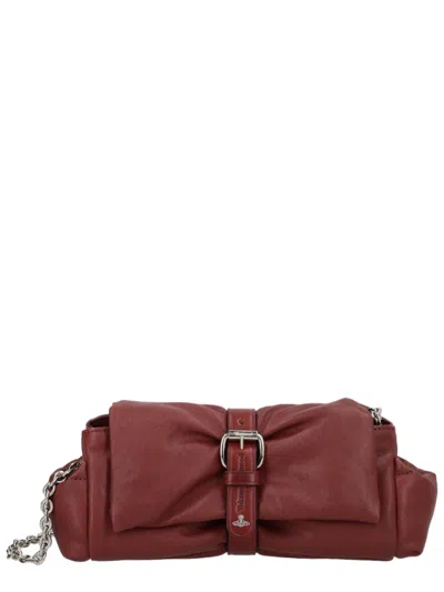 Vivienne Westwood Brown Calf Leather Rectangular Bow Detail Clutch In Burgundy