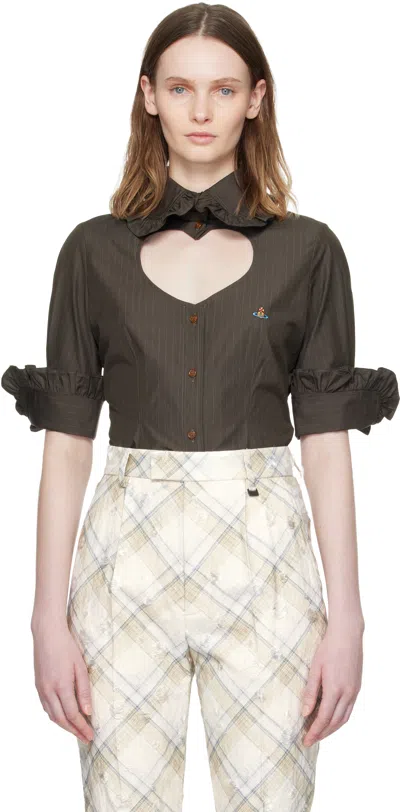 Vivienne Westwood Brown Pinstripe Shirting S/s Toulouse Frill Shirt In Green
