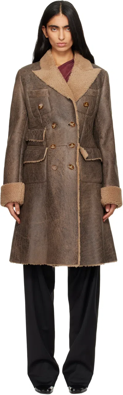 Vivienne Westwood Double-breasted Leather Coat In Brown