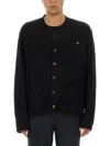Vivienne Westwood Black V Neck Cardigan With Orb Embroidery In Cotton And Cashmere In Black