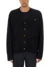Vivienne Westwood Black V Neck Cardigan With Orb Embroidery In Cotton And Cashmere In Black
