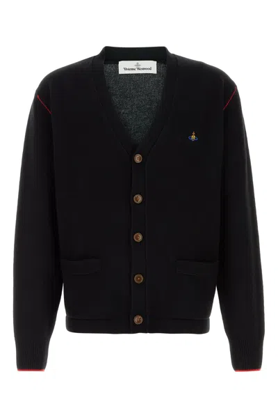 Vivienne Westwood Black V Neck Cardigan With Orb Embroidery In Cotton And Cashmere