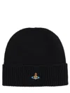Vivienne Westwood Black Beanie With Orb Patch On The Front And Ribbed Brim In Cashmere Unisex In Blue