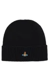 Vivienne Westwood Black Beanie With Orb Patch On The Front And Ribbed Brim In Cashmere Unisex In Blue