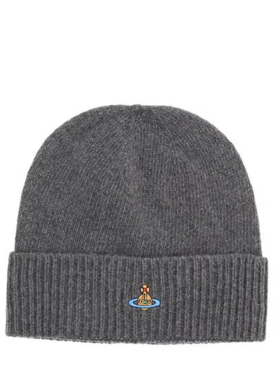 Vivienne Westwood Ribbed Cashmere Beanie With Embroidered Orb Emblem In Gray