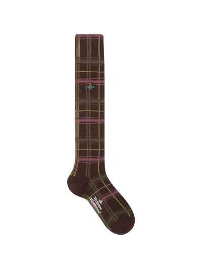 Vivienne Westwood Multicheck High Sock Multicheck Brown 9-11 Unisex In Animal Print