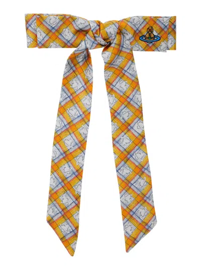 VIVIENNE WESTWOOD YELLOW HAIR CLIP WITH ORB CHECK MOTIF IN SILK WOMAN