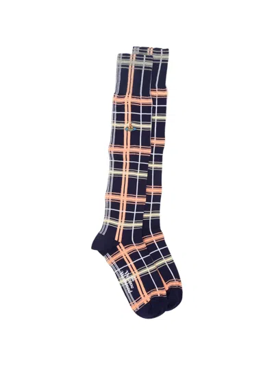 Vivienne Westwood Check Orb-embroidered Socks In Blue