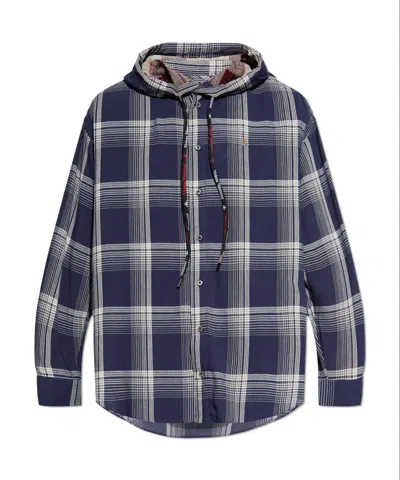 Vivienne Westwood Checked Drawstring Hooded Shirt In Aw24-navy/white