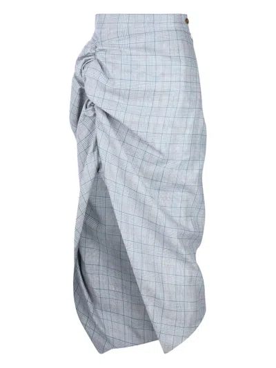 Vivienne Westwood Mens Multi Side Panther Check Wool-linen Blend Midi Skirt In Grey