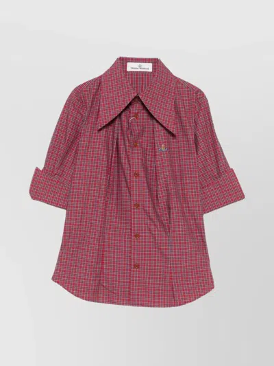 Vivienne Westwood Checkered Fold Cuffs Point Collar Short Sleeves In Pink