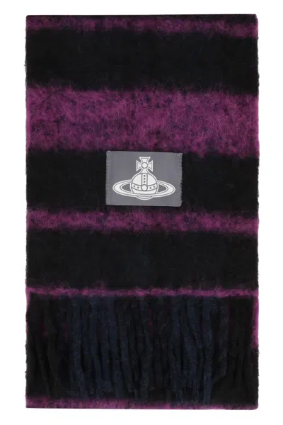 Vivienne Westwood Wool Scarf Chunky Knit Striped Design In Black