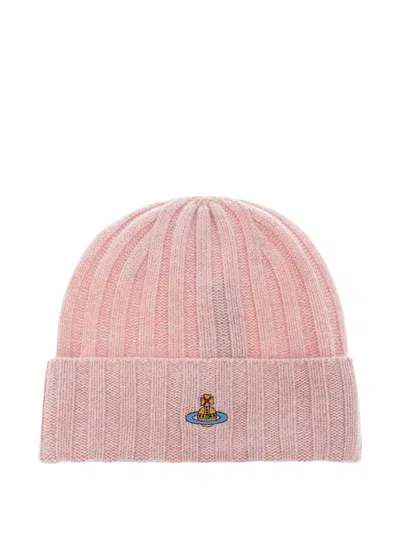 Vivienne Westwood Classic Embroidered Ribbed Beanie Hat In Pink