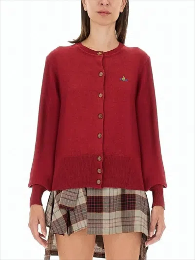 Vivienne Westwood Classic Red Cashmere Blend Cardigan With Embroidered Emblem In White