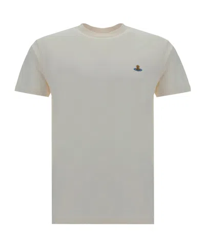 Vivienne Westwood White Crewneck T-shirt With Multicolor Orb Embroidery In Cotton